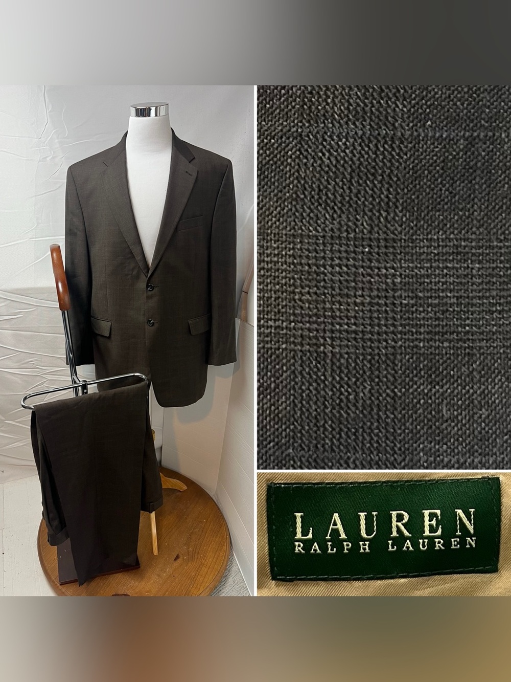 Ralph Lauren Men's 48L Blazer 42x35 Pants Brown Glen Plaid Wool Suit